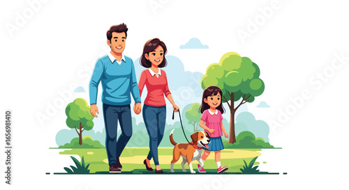 Adobe illustrator artwork vector illustration. A happy family consisting of a mother, father, and child walking their dog in a sunny park. The flat vector art style emphasizes a joyful outdoor scene.