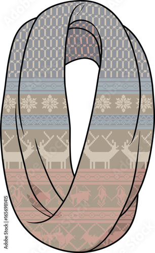 Warm infinity scarf with Nordic reindeer pattern, cozy winter accessory, stylish loop design, traditional knit fabric for cold season fashion