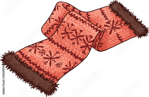 Warm red winter scarf with snowflake pattern, cozy knitted texture, fluffy ends, festive holiday fashion, seasonal accessory, cold weather essential