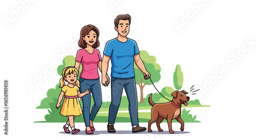Adobe illustrator artwork vector illustration. A happy family consisting of a mother, father, and child walking their dog in a sunny park. The flat vector art style emphasizes a joyful outdoor scene.