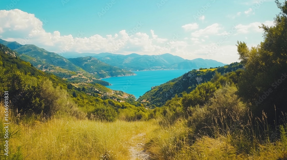 Fototapeta premium Beautiful view the coast italy. A beautiful island in the southeastern part of the island of corfu is a stunning sight for tourists. A beautiful day vistas of green lush summer hills. A lifestyle.