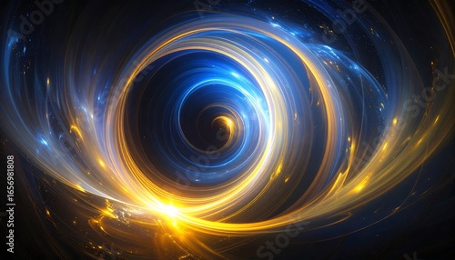 A dynamic swirling vortex of vibrant blue and gold hues, creating an abstract and energetic visual effect.