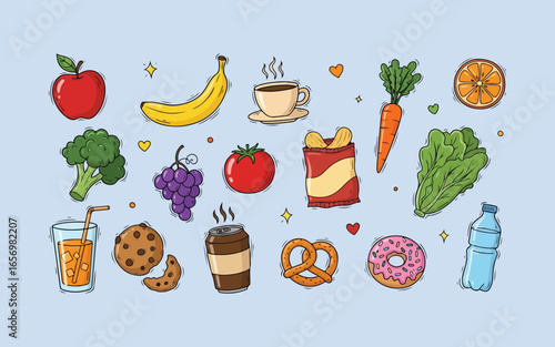 Assortment of healthy and unhealthy food and drink items
