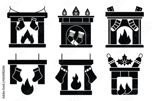 stockings on fireplace icon set