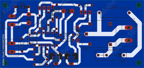 Vector printed circuit board of electronic 
device with components of radio elements, 
conductors and contact pads placed on pcb. 
Computer technic cad design.
Engineering drawing.