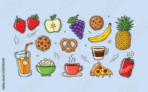 Colorful hand drawn collection of popular foods and drinks