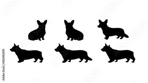 Silhouette illustration of six corgis in different poses on a white background design element art