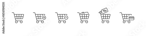 Shopping carts and trolleys set of linear icons. Retail and market basket collection.