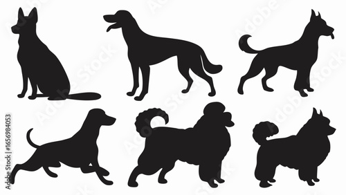 Silhouette illustration showcasing various dog breeds in different poses and sizes on white background