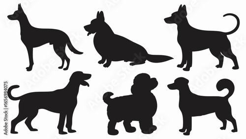 Silhouette illustration featuring six different dog breeds in various poses and orientations viewed from side