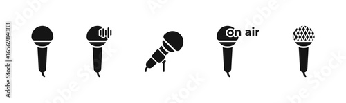 Microphones and audio set of filled icons. Recording and broadcasting collection.
