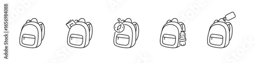 School bags and backpacks set of linear icons. Education and study accessories collection.