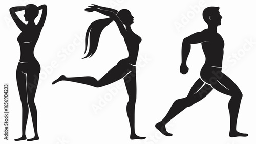 Silhouettes of three figures performing different exercises in black and white color scheme design