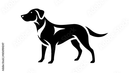 Stylized black dog silhouette standing with a sleek design and defined geometric shapes throughout body