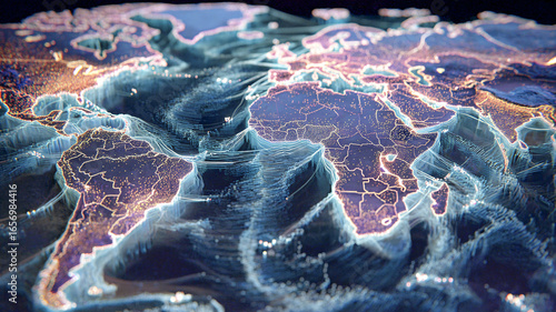 Stylized digital world map with relief and data visualization — global analytics.