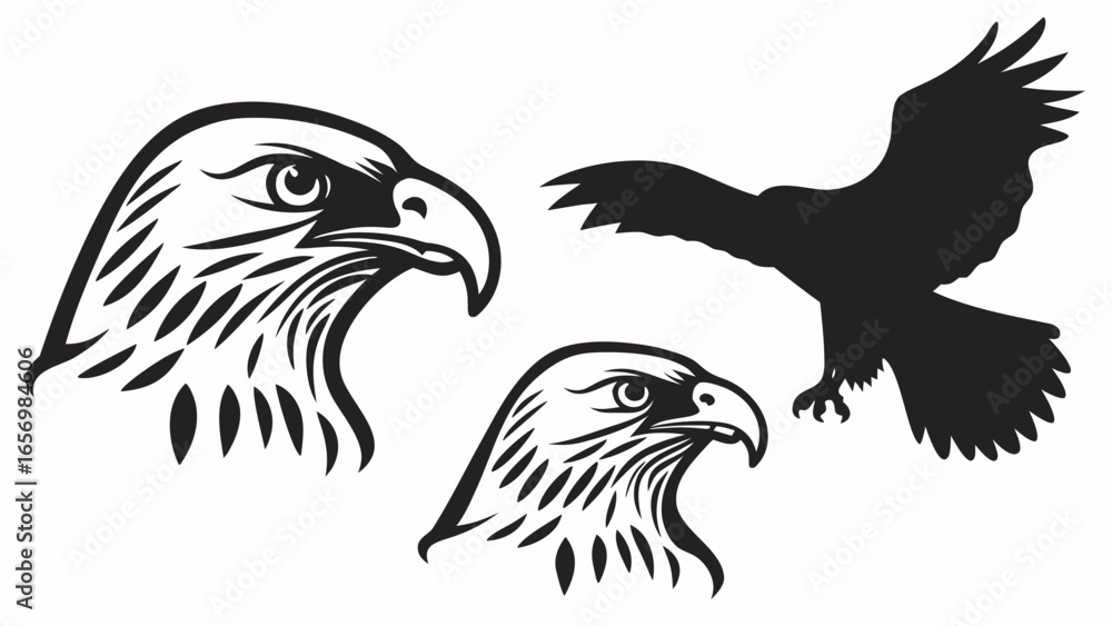 Obraz premium Three black and white eagle illustrations showcasing head profiles and a flying silhouette design element
