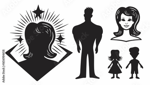 Silhouetted figures of family members including parents and children in black and white drawing