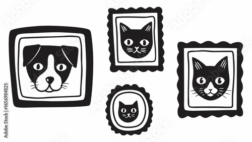 Black and white portraits of cats and a dog in decorative frames in a cartoon style design