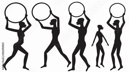 Silhouette figures holding circles above their heads in a group formation on a white background