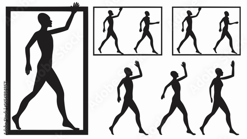 Silhouette of a person walking in a frame and sequence of walking poses in black and white style art
