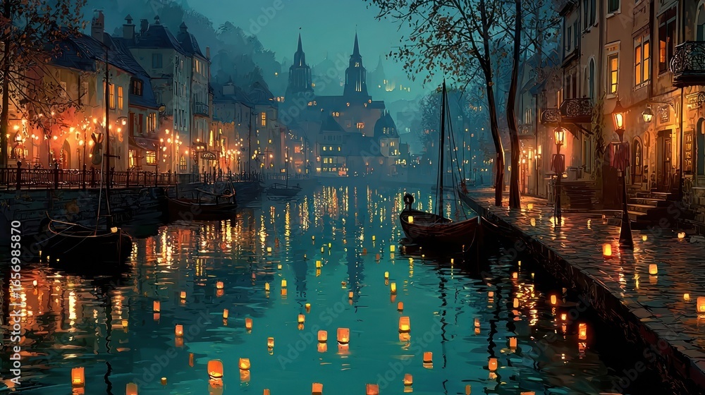 Fototapeta premium Peaceful river scene with floating candles and illuminated buildings