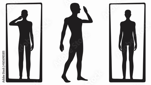 Silhouetted figures in frames showing different poses and gestures against a white background scene