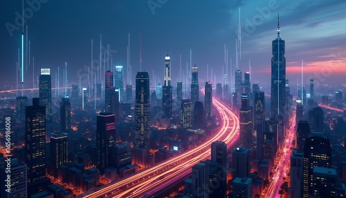 Wallpaper Mural Futuristic cityscape with glowing skyscrapers and light trails urban landscape night Torontodigital.ca