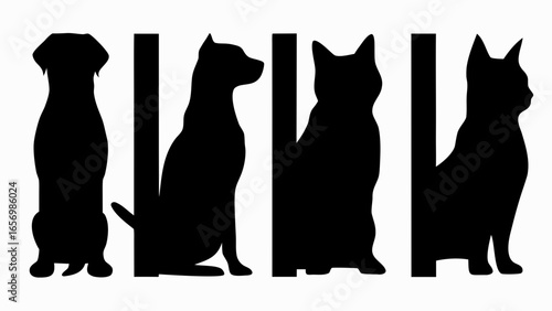 Silhouettes of two dogs and two cats sitting with vertical bars between each animal image