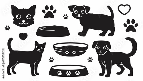 Silhouette of pets with cat face, full cat, two dogs, paw prints, hearts and pet bowls vector