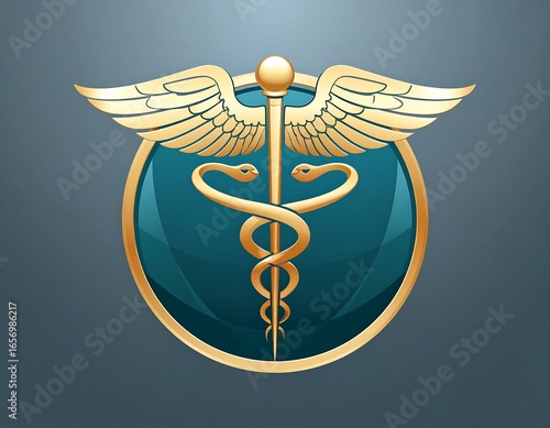 Gold medical symbol on teal circle