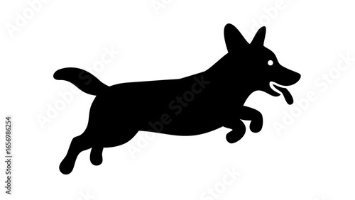 Silhouette of a black dog jumping with its tongue out and tail raised on a white background image