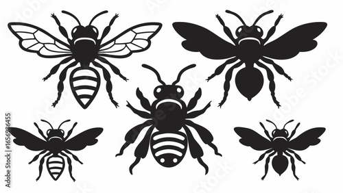 Five stylized black and white bee illustrations with varied wing and body designs shown