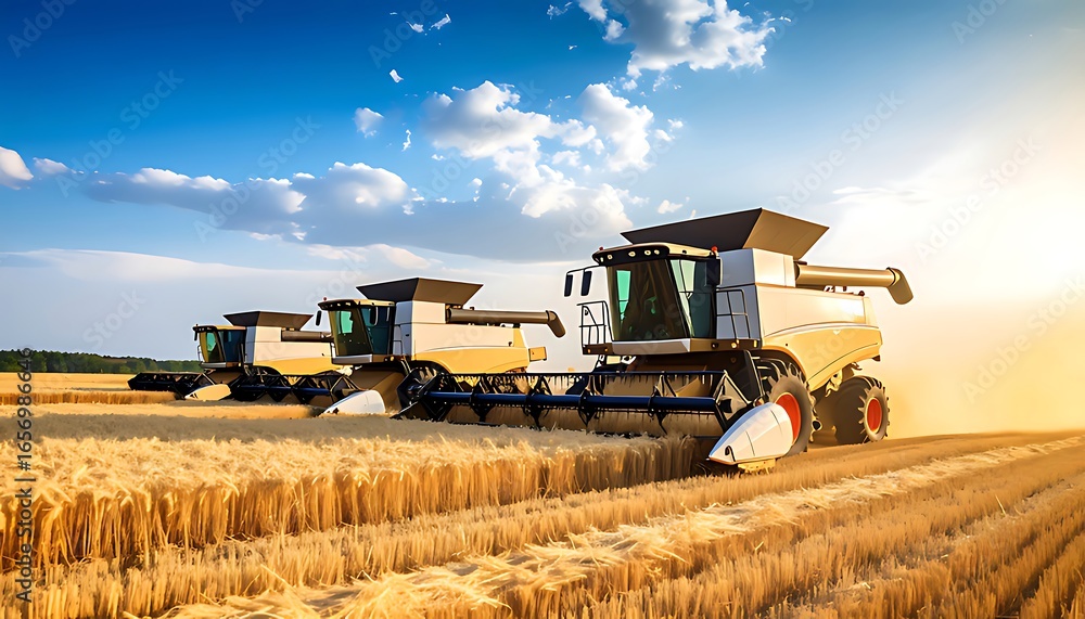 Fototapeta premium Two combine harvesters working a golden wheat field under a beautiful sky.