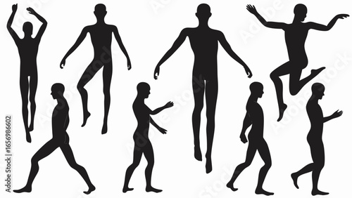 Silhouette figures in various poses including standing walking jumping and arm movements on a white background