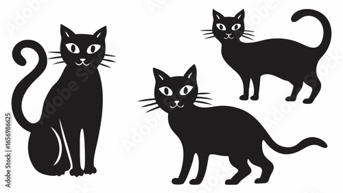 Three black cats in different poses with white eyes and whiskers on a white background vector image
