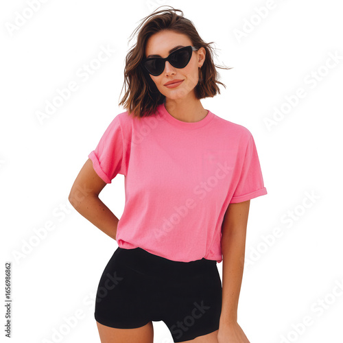 Young woman wearing a pink tshirt and black shorts, isolated on transparent background
