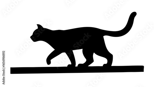 Silhouette of a black cat walking across a black line with its tail raised on a white background image