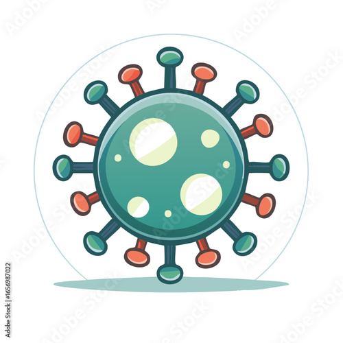 Cartoon virus depiction with cell membrane and spikes, microbiological representation, infectious disease spread, viral infection cartoon style