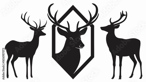 Three deer silhouettes two standing and one in a diamond shape on a white background design vector