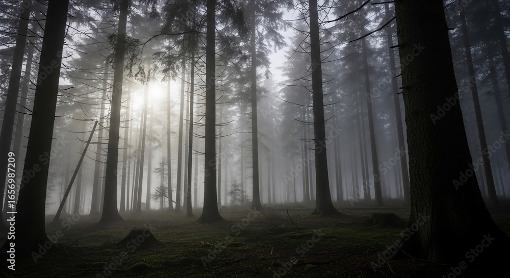 Fototapeta premium Ethereal Forest: Sunlight Pierces Through the Misty Canopy of Tall Evergreen Trees