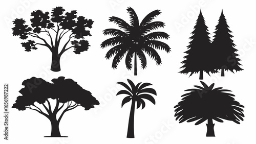Silhouette collection of various tree types including deciduous palm and coniferous trees in black