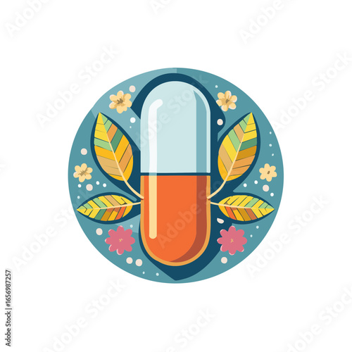Vitamins capsule icon, herbal medicine, alternative therapy illustration, healthcare concept