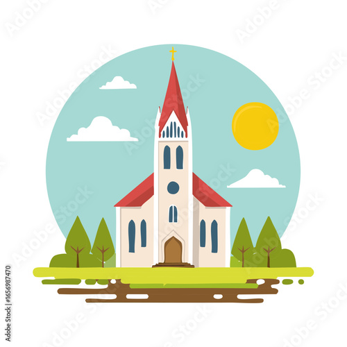 Stylized church building illustration with steeple and trees in landscape setting