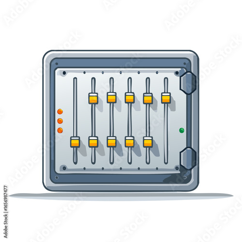 Cartoon Audio Console Illustration with Faders and Lights for Sound Control
