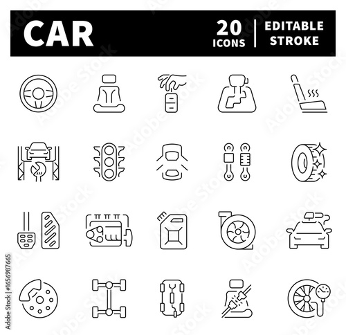 Transport related icons. Car vector icons in line style. Car line icons set