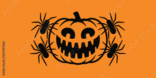 A halloween themed image featuring a black pumpkin surrounded by black spiders on an orange background