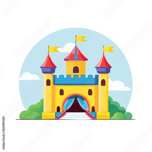 Colorful Inflatable Castle Bouncer for Children's Playtime and Fun, Party Entertainment with Flags