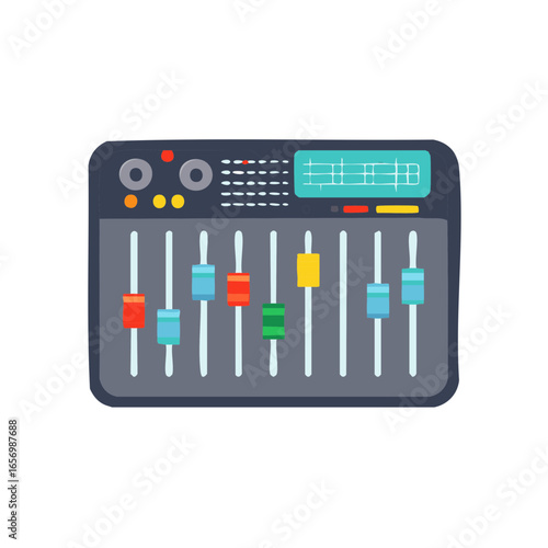 Colorful Cartoon Sound Mixing Console with Sliders and Meter Display for Audio Production and Music Engineering Projects