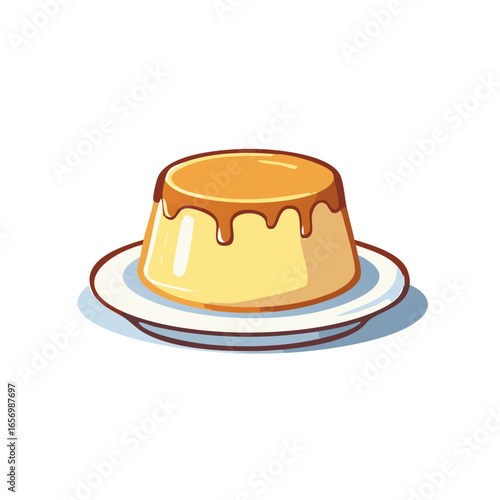 Caramel custard dessert cartoon illustration in a plate for restaurant menu