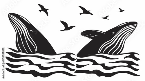 Two whales breaching the ocean surface with birds flying above in a monochrome illustration design